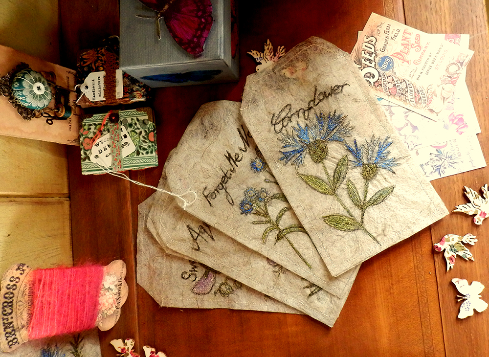 Embroidered Seed Packets by Corinne Young for 'Portrait of a Lady' exhibition at Chawton House Library, October 2016.