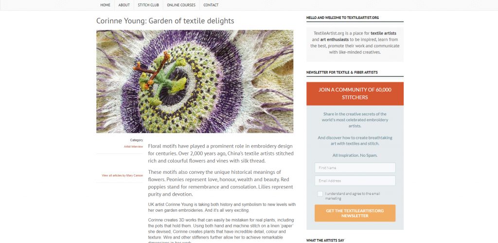 Article screenshot: Corinne Young - 'Garden of Textiles Delights' (textileartist.org