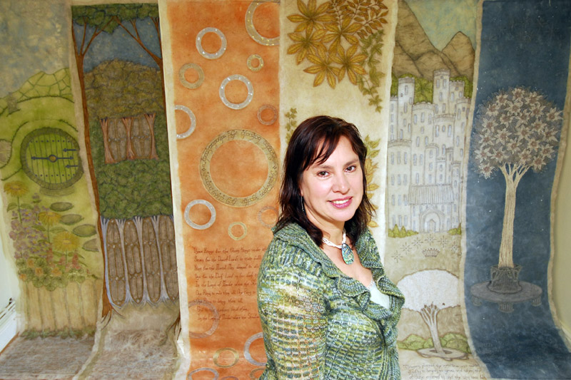 Corinne Young with the Publicity Panels for the Lord of the Rings Stage Show. Photo by Simon Kench for The Journal.