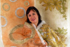 Corinne Young with the Publicity Panels for the Lord of the Rings Stage Show. Photo by Simon Kench for The Journal.