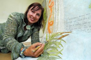 Corinne Young with the Publicity Panels for the Lord of the Rings Stage Show. Photo by Simon Kench for The Journal.