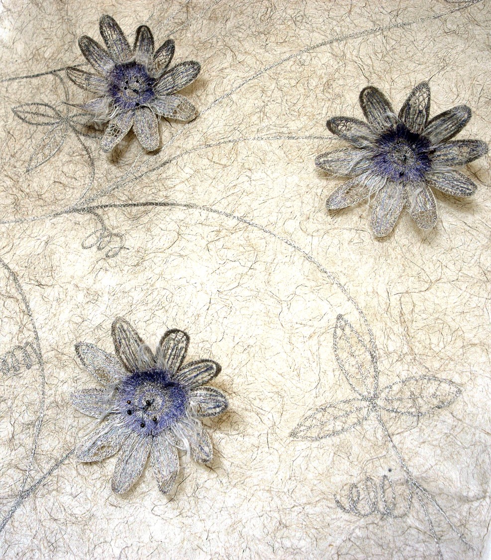 Passion Flower Wall Hanging by Corinne Young (Detail) - Knitting and Stitching Show 2004