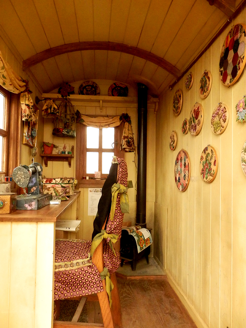 Interior of Shepherds Hut by Plankbridge for Grow Show London (June 2015), featuring textile art by Corinne Young.