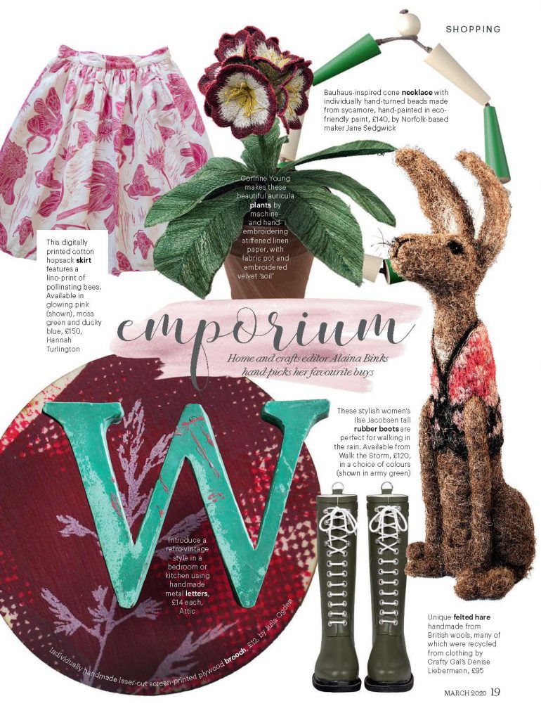 Embroidered pot plants by Corinne Young featured in Country Living Magazine, March 2020.
