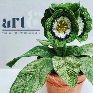 A promotional graphic for Art& York 2019, featuring a green Auricula pot plant sculpture by textile artist Corinne Young.