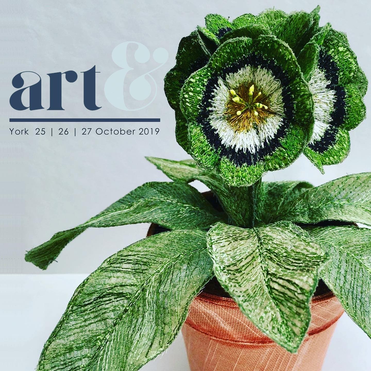 A promotional graphic for Art& York 2019, featuring a green Auricula pot plant sculpture by textile artist Corinne Young.