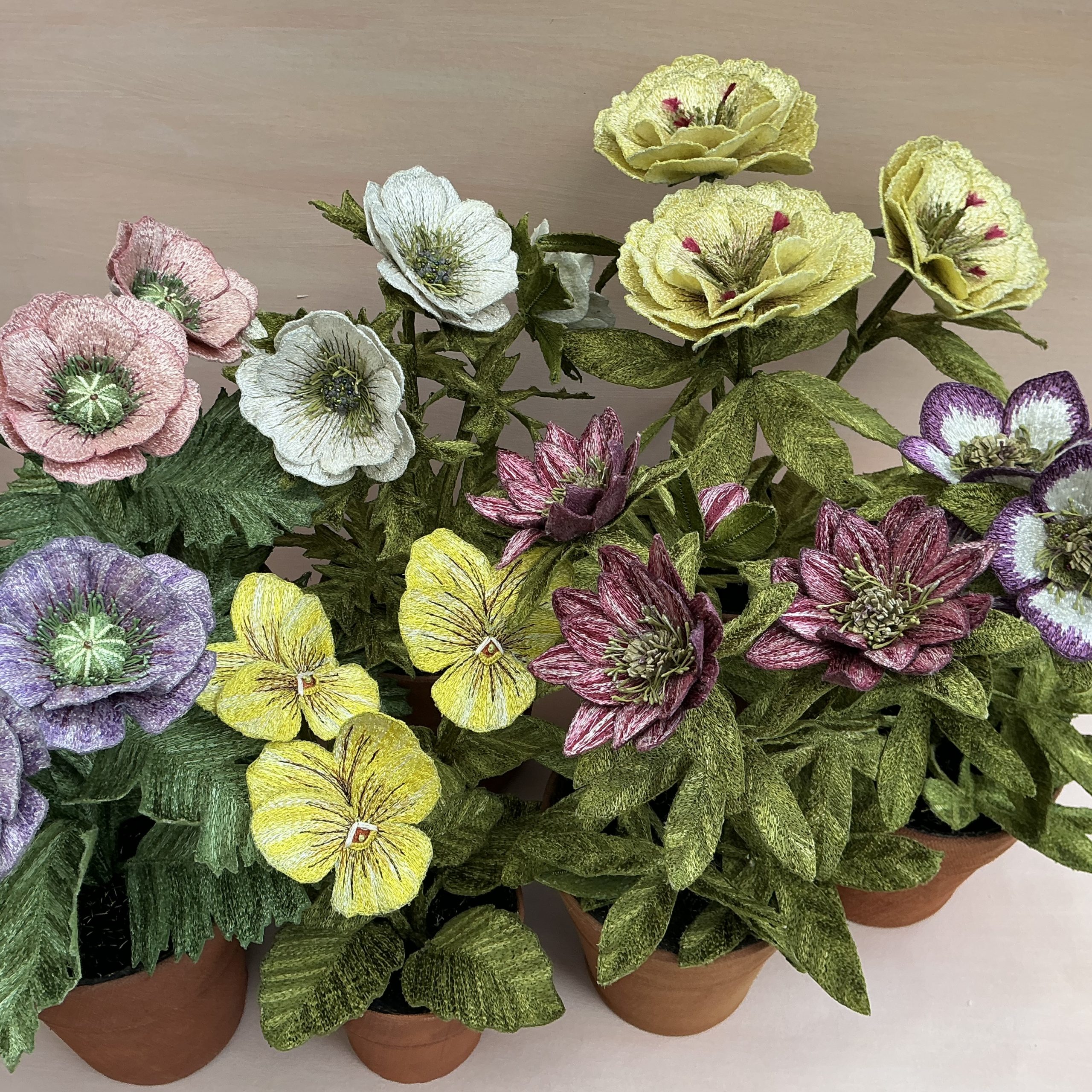 Embroidered Pot Plant Collection by Corinne Young for ROSA Botanical Art Fair 2026.