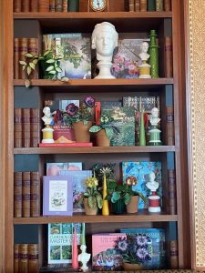 Embroidered pot plant sculptures by textile artist Corinne Young on display in the Library Room, Lanesborough Hotel, London (May 2023).