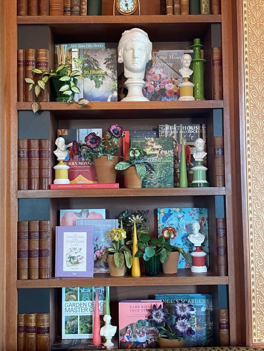 Embroidered pot plant sculptures by textile artist Corinne Young on display in the Library Room, Lanesborough Hotel, London (May 2023).