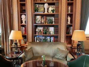 Embroidered pot plant sculptures by textile artist Corinne Young on display in the Library Room, Lanesborough Hotel, London (May 2023).