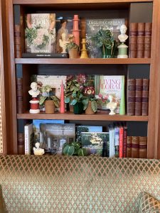 Embroidered pot plant sculptures by textile artist Corinne Young on display in the Library Room, Lanesborough Hotel, London (May 2023).