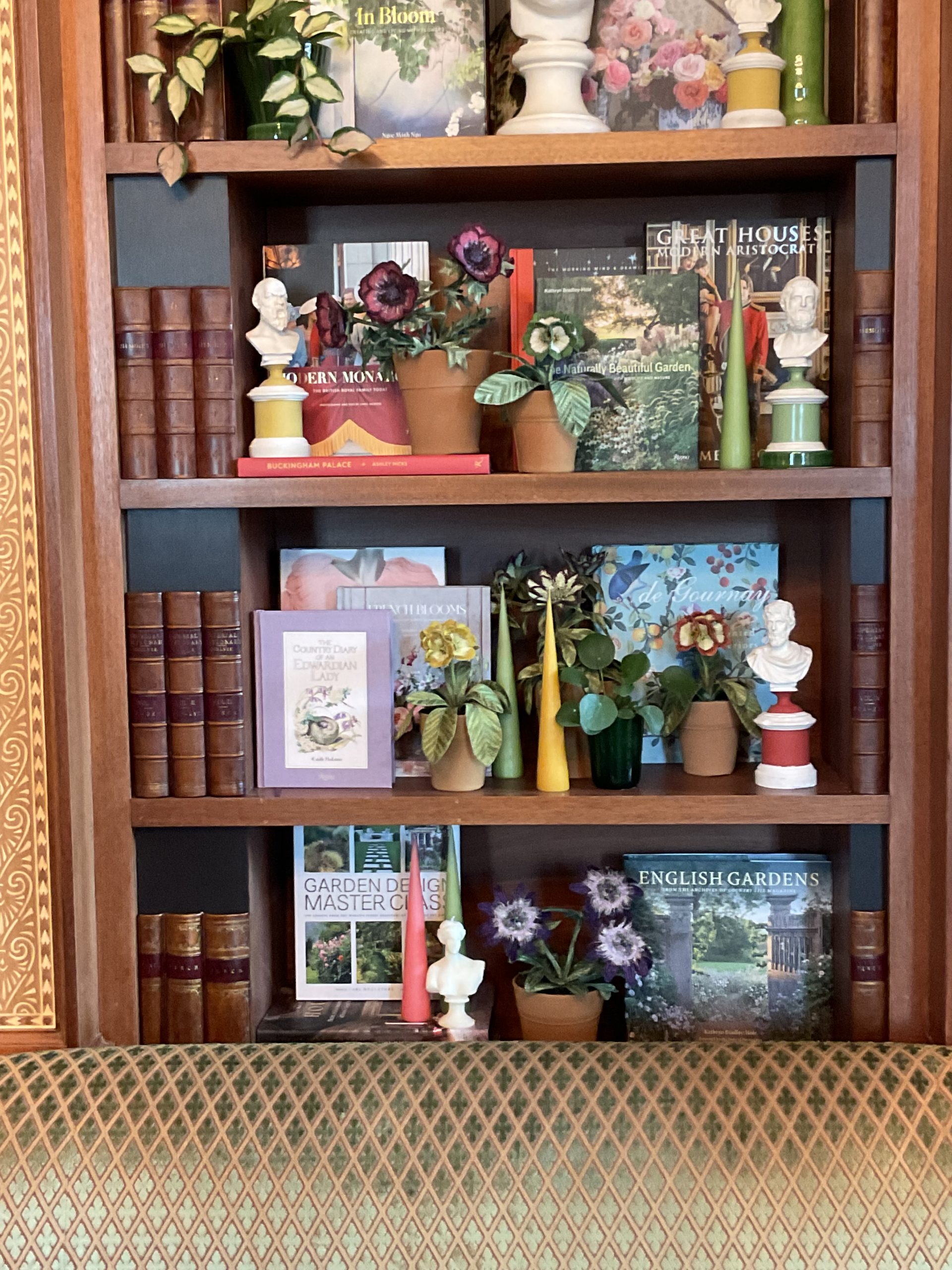 Embroidered pot plant sculptures by textile artist Corinne Young on display in the Library Room, Lanesborough Hotel, London (May 2023).