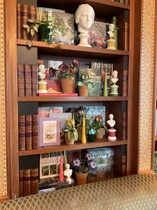 Embroidered pot plant sculptures by textile artist Corinne Young on display in the Library Room, Lanesborough Hotel, London (May 2023).