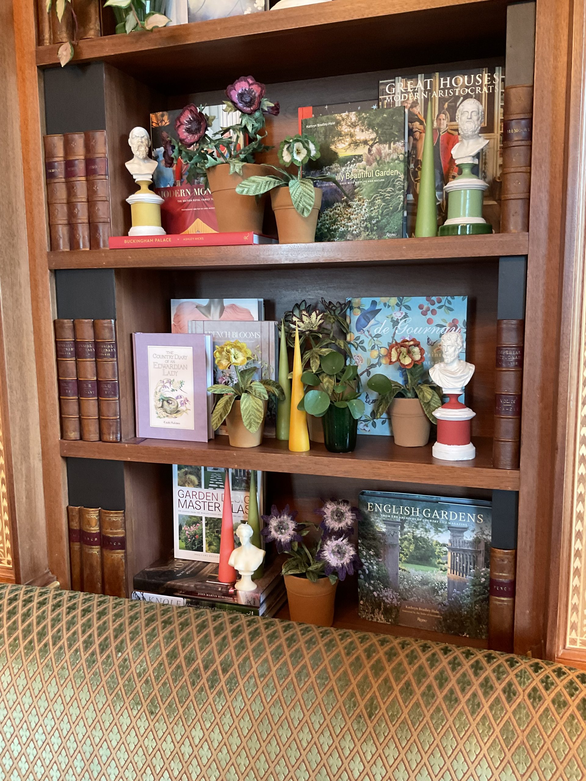 Embroidered pot plant sculptures by textile artist Corinne Young on display in the Library Room, Lanesborough Hotel, London (May 2023).