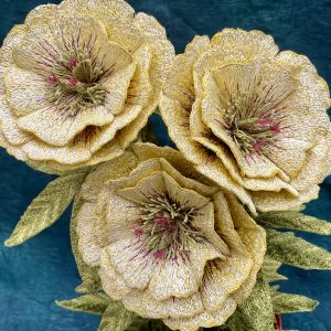 Pale Yellow Peony Embroidered Pot Plant (Detail) by Corinne Young for ROSA Botanical Art Fair 2026.