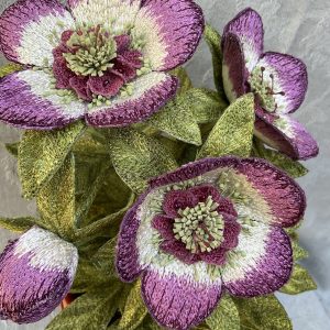 Pink Single Hellebore Embroidered Pot Plant (Detail) by Corinne Young for ROSA Botanical Art Fair 2026.