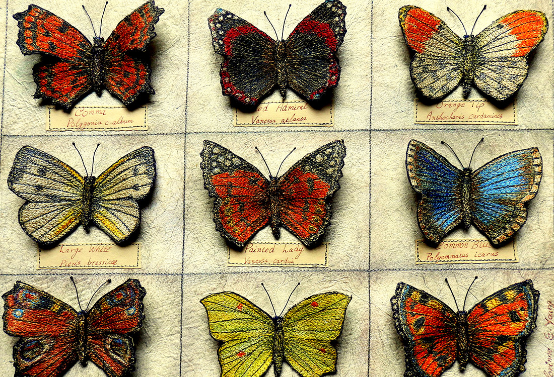 Embroidered butterfly collection by textile artist Corinne Young, featured in Creative With Workbox Magazine (April 2016).