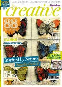 Cover of the April 2016 edition of Creative with Workbox magazine, featuring an embroidered butterfly collection by textile artist Corinne Young.