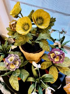 Embroidered pot plants by Corinne Young on display at Bonadea, London.