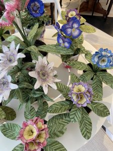 Embroidered pot plants by Corinne Young on display at Bonadea, London.