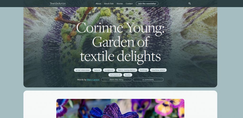 Screenshot of TextileArtist.org article 'Garden of Textile Delights,' featuring Corinne Young.