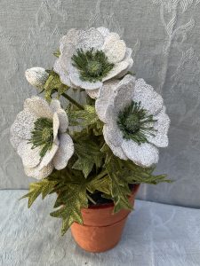 White Anemone Embroidered Pot Plant by Corinne Young for ROSA Botanical Art Fair 2026.