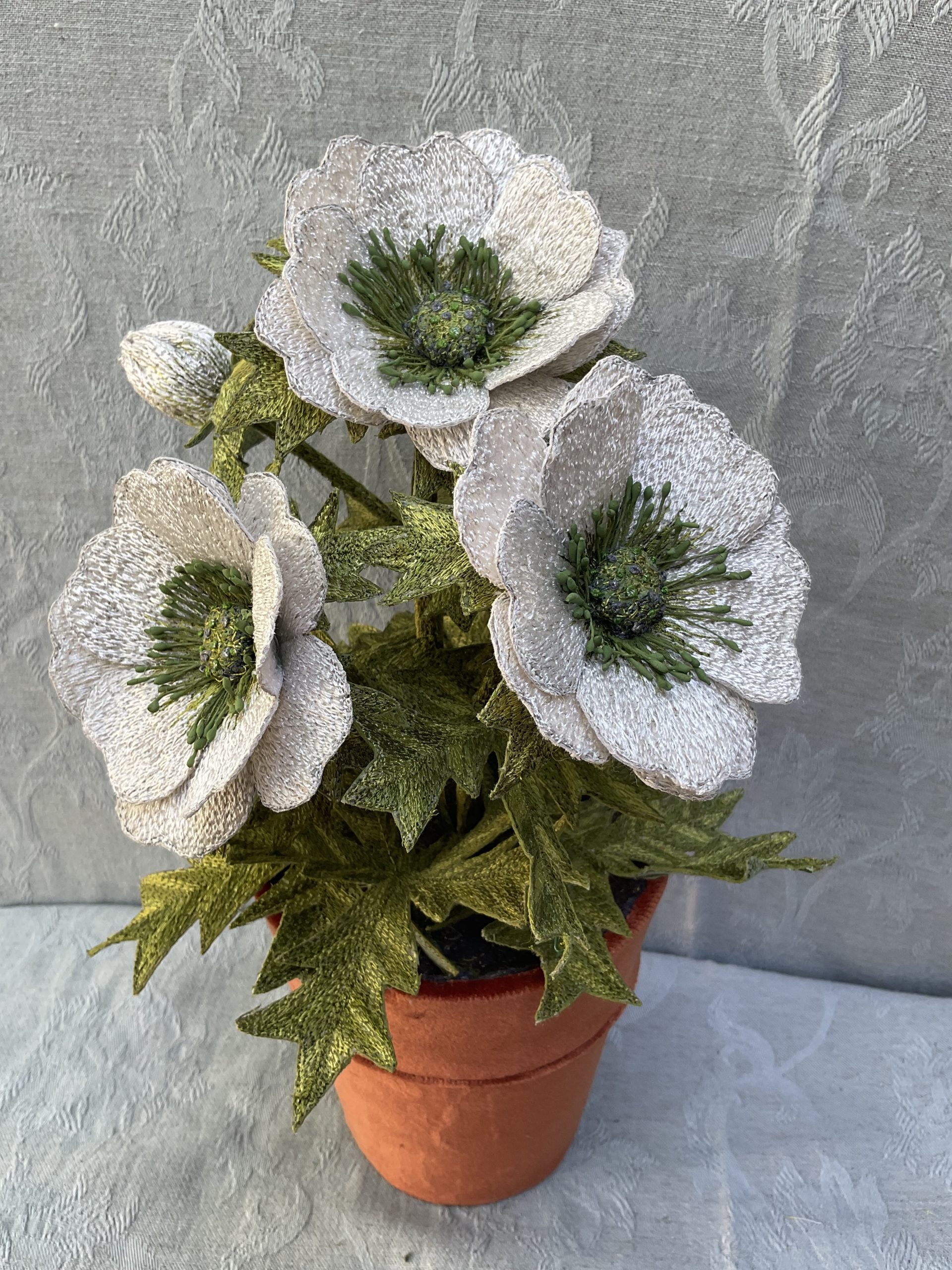 White Anemone Embroidered Pot Plant by Corinne Young for ROSA Botanical Art Fair 2026.