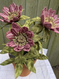 Wine Double Hellebore Embroidered Pot Plant by Corinne Young for ROSA Botanical Art Fair 2026.