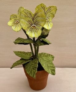 Yellow Pansy Embroidered Pot Plant by Corinne Young for ROSA Botanical Art Fair 2026.
