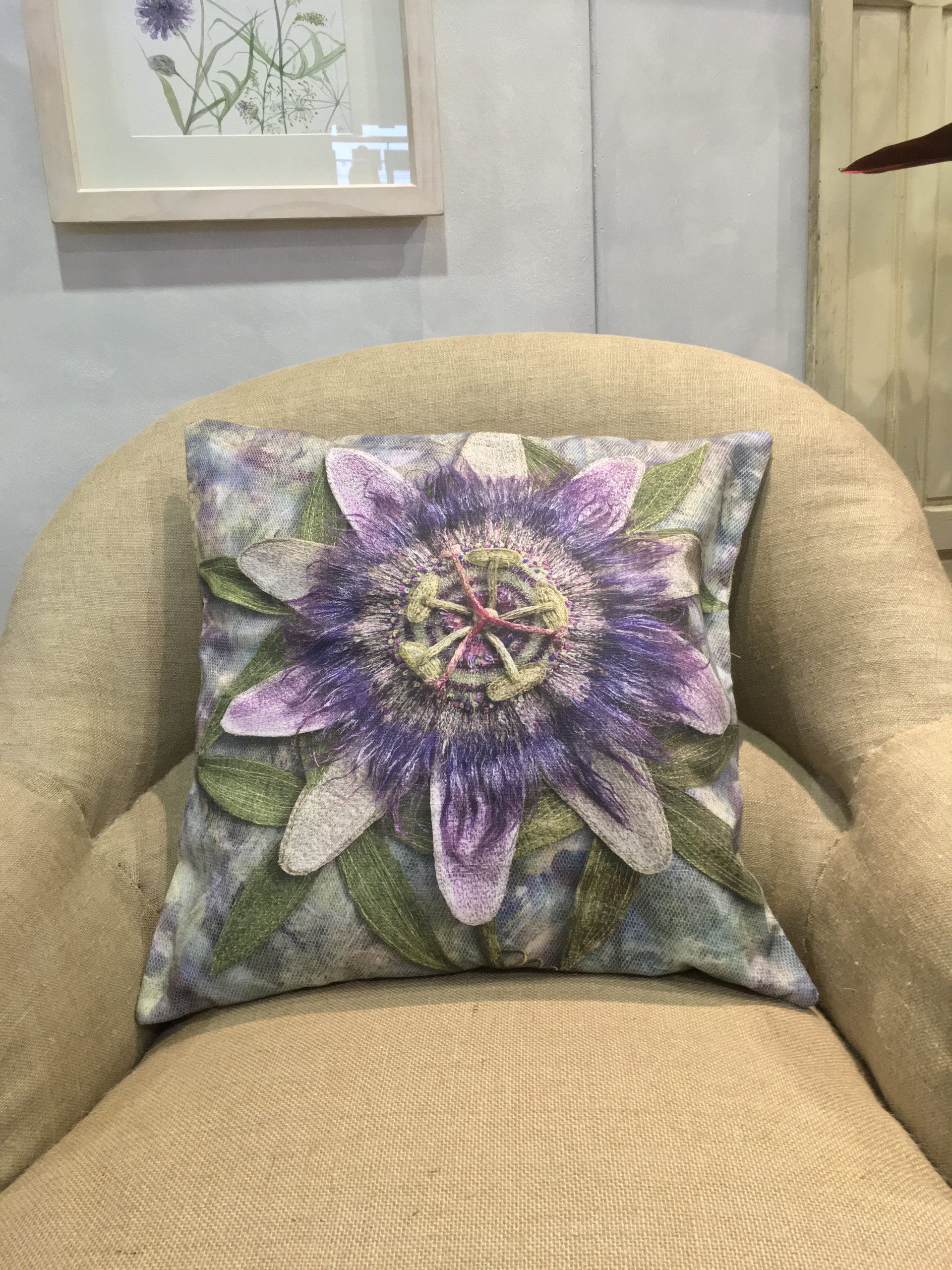 Printed cushions by textile artist Corinne Young featured in 'French Botanical', a room installation for Art& York, October 2019.