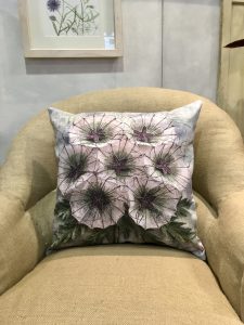 Printed cushions by textile artist Corinne Young featured in 'French Botanical', a room installation for Art& York, October 2019.