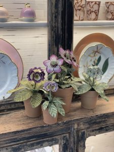 Embroidered Pot Plants by Corinne Young on display at Bonadea, London.